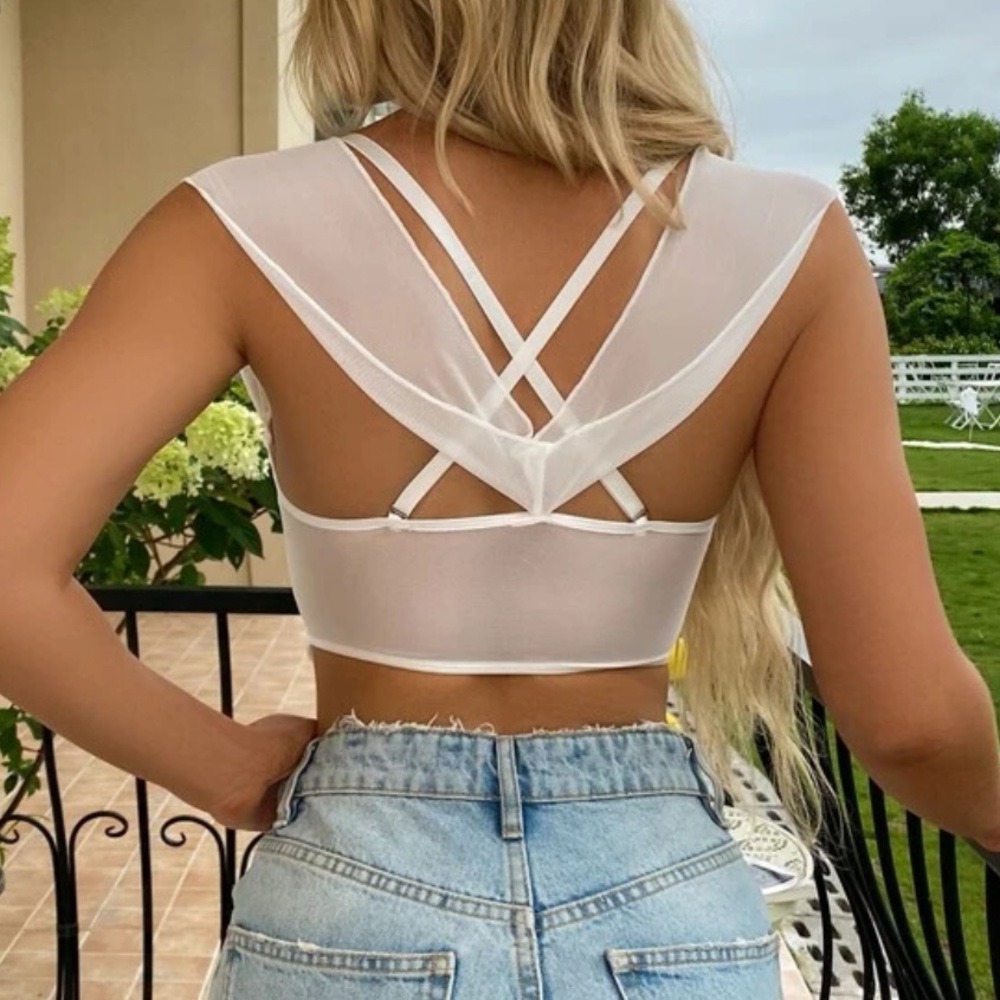 Mesh Crisscross Back Tie Crop Top Push-up Bra - Picture 2 of 3